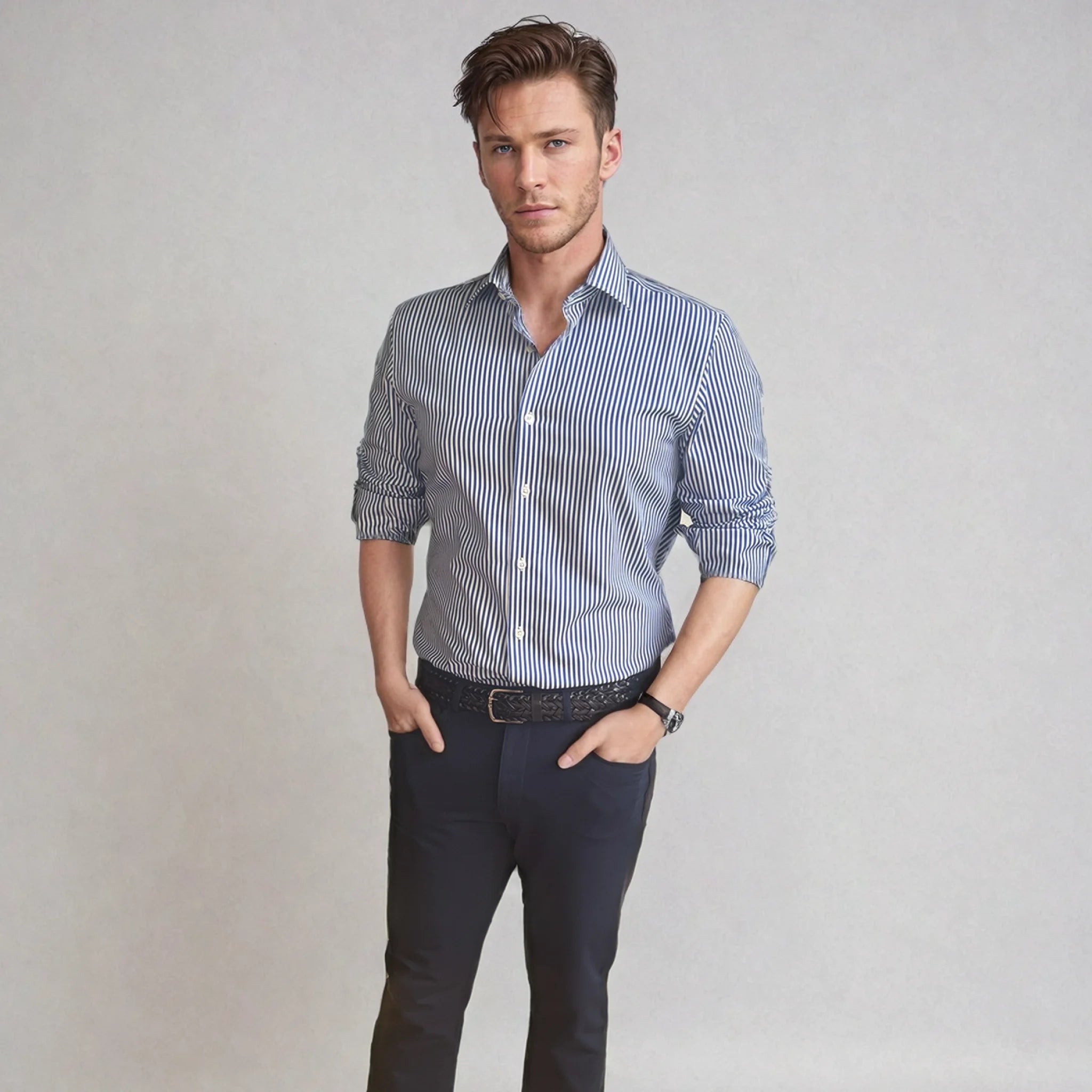 young professional with lined shirt